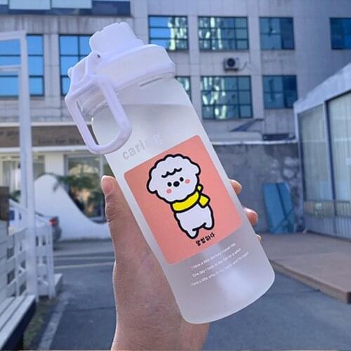 Cute water cup cartoon printing straw cup lid transparent girls student kids sports outdoor handle large capacity water bottle
