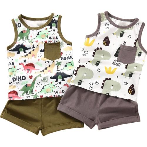 2Pcs Baby Summer Tracksuits, Cartoon Dinosaur Print Sleeveless Vest + Elastic Waist Shorts for Toddler Boys, Girls