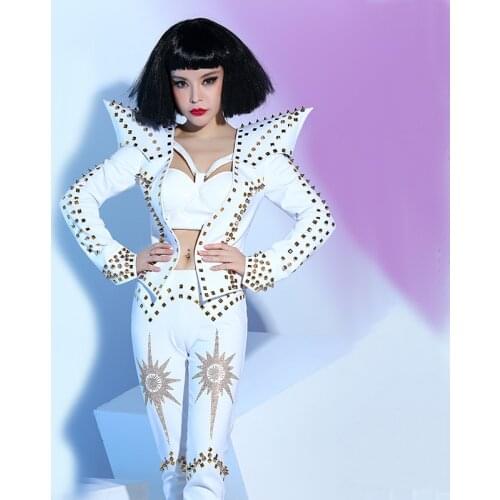 White Punk Style Rivets Fashion Sexy Luxurious Costumes Set Nightclub Bar Ds Dj Female Singer Dance Performance Stage Wear