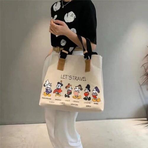 2021 New Disney Korean Style Canvas Bag Large-capacity Tote Bag Mickey Mouse Women Fashion Print Shoulder Diagonal Backpack