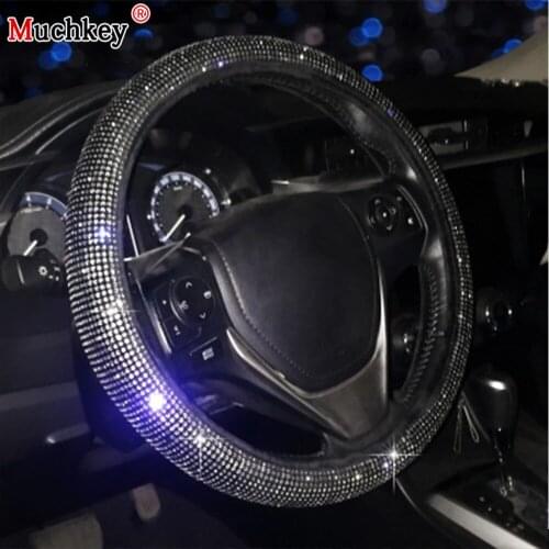 New Diamond Leather Steering Wheel Cover with Bling Bling Crystal Rhinestones Universal Fit 38cm/15in Car Wheel Protector