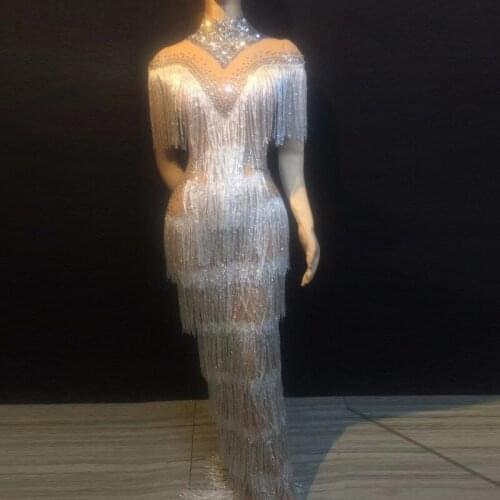 Singer Concert Stage EVENING Dresses Silver Rhinestones Tassel Perspective Long Dress Sexy Women Birthday Celebration Mesh Dress