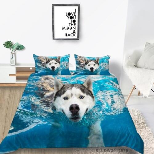 Swimming Husky Bedding Set Queen Size Funny Lifelike 3D Print Duvet Cover King Twin Full Single Double Comfortable Bed Set