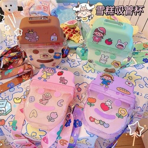 Cute Ice Cream Plastic Water Bottle With Straw Strap Water Bottle Kettle Leakproof Tritan Bottle BPA Free 260ML