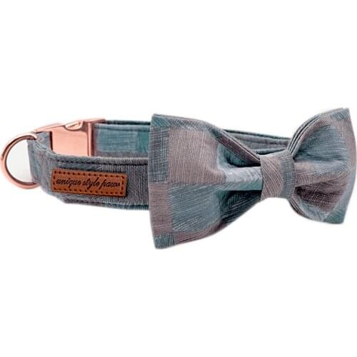 Unique Style Paws Blue Gray Stripes Dog Collar with Bow Tie Soft and Cotton Fabric Collar Metal Buckle Adjustable