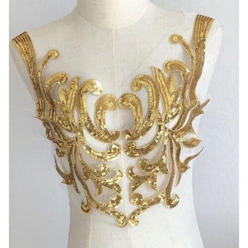 Mirror Pair Gold Silver Sequins Bodice Lace Applique Embroidery Bodice Applique Collar Cloth Fabric Sewing Craft Wedding Dress