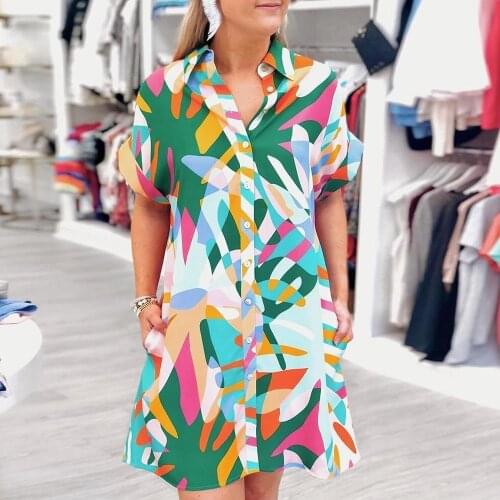 2021 Spring Summer Womens Abstract Print Lapel Short Sleeve Loose Shirt Sexy Elegant Casual Dress Vintage Gothic Plus Size Hot