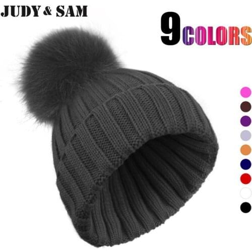 16 Colors fur Beanie Hat for Women Big Fox Fur Ball Warm Skullies Women Knitted Style Winter Beanies