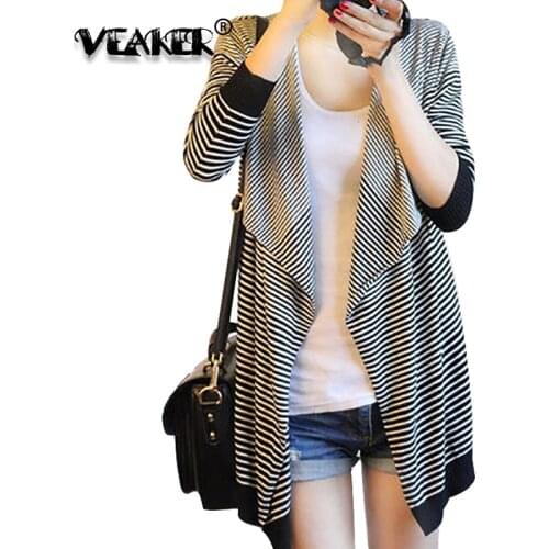 2019 Fashion Women Black Striped Cardigan Draped Collar Sweater Long Sleeve Slim Cardigans Female Autumn Casual Cotton Sweaters