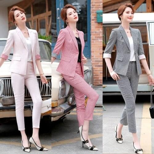 Womens Suit Office Two Piece Set Half Sleeve Plaids Blazer Suit Pants 2 Piece Set Female Autumn Casual Womens Clothes LS116