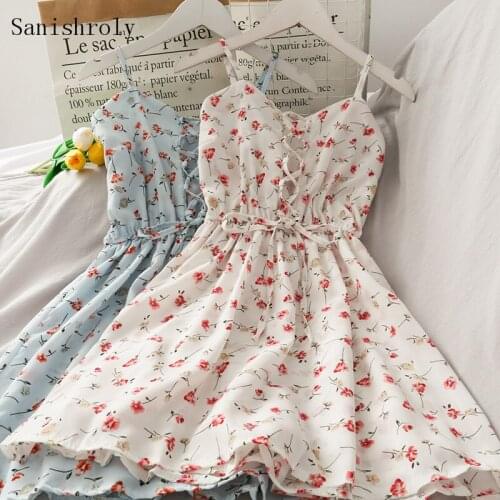 2021 Women V Neck Floral Print Dress Sweet Cross Tie Bow Spaghetti Strap Dress Female Sleeveless Camisole A Line Mini Vestidos