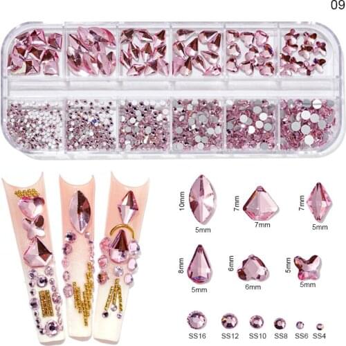 12Designs Shinny Nail Rhinestones Mix Shape AB Crystal Flatback Nail Charms Diamond 3D Glitter Gems Manicure Nail Art Decoration