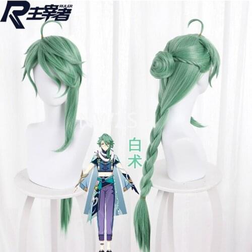 Anime Genshin Impact Cosplay BAISHU Wig Removable Bun Baishu Green Long Straight Braided Ponytail Heat Resistant Hair Role Play