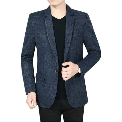 Tuxedo Men Fall Suit Blazer Fashion Slim Plaid Coat Blue Gray Male Top S M L XL XXL XXXL Jaqueta Blaze