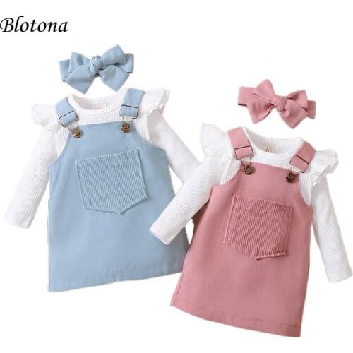 Blotona 3Pcs Baby Girls Outfit Sweet Style Solid Color Long Sleeve O-Neck Romper+Front Pocket Suspender Skirt+Headwear Set 0-18M