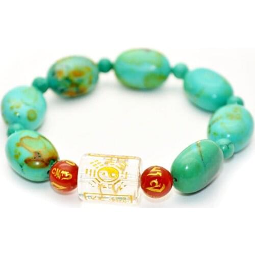 Natural Turquoise Flat Oval Beaded Stretch Bracelets Transparency Barrel Lucky Beads Six Words Tibetan Unisex Jewelry Gift