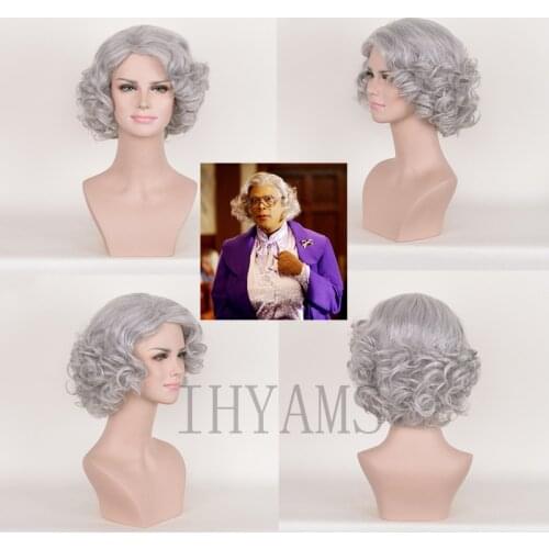 Boo! A Madea Halloween Grey Mix Short Curly Synthetic Cosplay Costume Wigs + Free Wig Cap