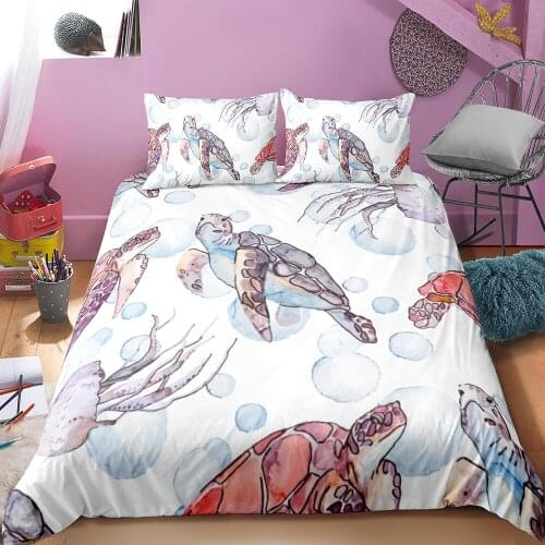 Childrens Home Decor 2-3 Piece Marine Life Turtle Jellyfish Shark Dolphin Bedding Set Queen King Size Deluxe Home Textiles