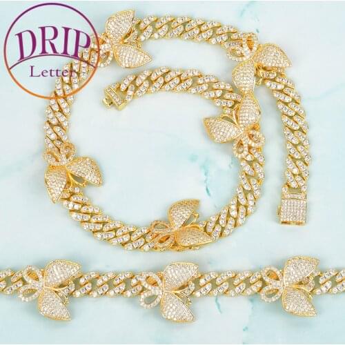 10mm Zircon Cuban Necklace With Butterfly Bracelet Hip Hop Gold Color Chain Set Jewelry