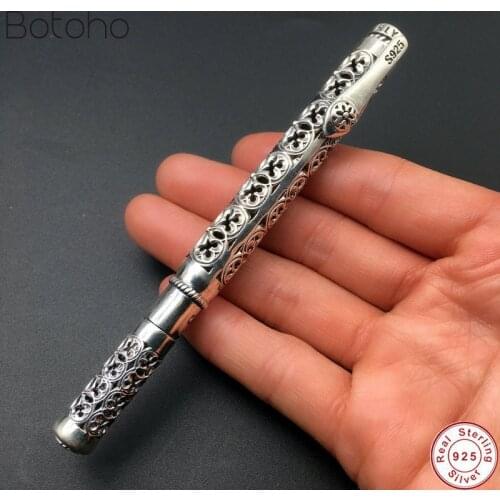Pure Silver colour Sterling 925 Silver colour Pen Gift For Men Vintage Carved Openwork Business Ballpoint Pen Pendant Jewelry