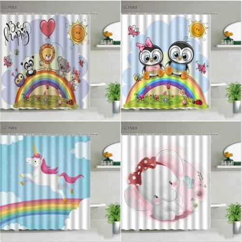 Unicorn Cartoon Animal Shower Curtains Set Rainbow Elephant Penguin For Kids Bedroom Bathroom Decor Screen Girl Gifts With Hooks