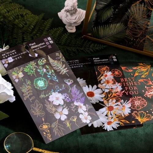 16pack Plants Sticker Hot Stamping Wholesale New Leaf Stationery Student School Supplies Gift PETAdhesive Packaging Stationery