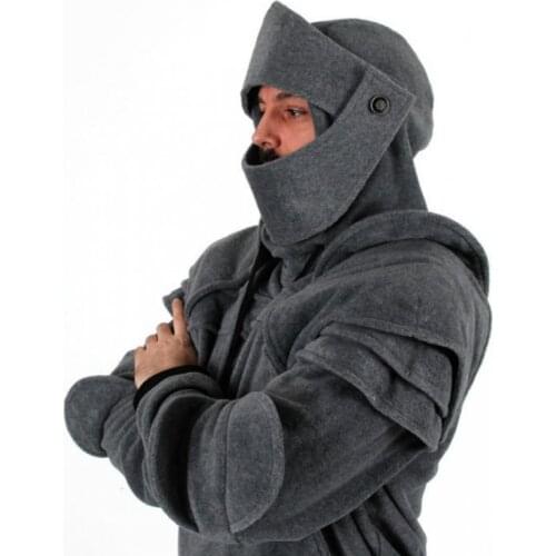 Solid Color Front Pocket Pullover Hoodie Medieval Style Face Cover Hooded Men Sweatshirt Halloween Clothing
