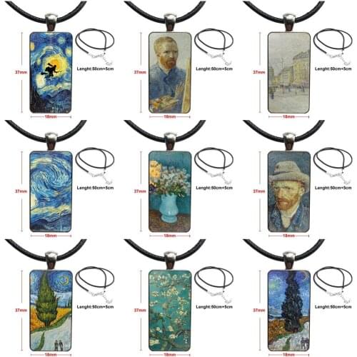 Necklace With Steel Plated Glass Cabochon Choker Long Pendant Rectangle Necklace For Unisex Party Gift Lack Fashion Van Gogh Oil