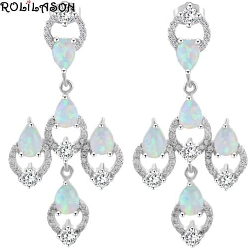ROLILASON New DIY Design Trendy White Fire Opal Silver Drop Earrings Fashion Opal Jewelry OES641 for Women Party
