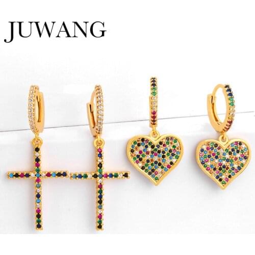 Cubic Zirconia Cross Earrings Gold Color Rainbow Heart Earrings Huggie Jewelry For Women Punk Style