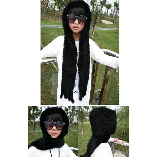 Genuine rabbit fur hat with earflap winter knitted warm caps scarf one piece scarves black women caps H90