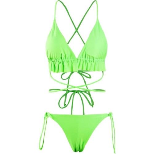 Sexy Bikini Set String Strap Ruffled Swimsuit Ladies Open Back Lace Bikini Push-up Swimsuit Women Lace Swimsuit 2021 Summer New