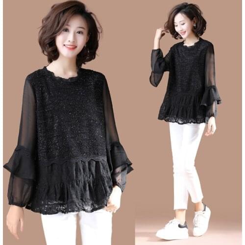 Loose Mesh Patchwork Lace Blouses Shirts Lady Casual Long Sleeve O-Neck Women Spring Autumn Style Blusas Tops