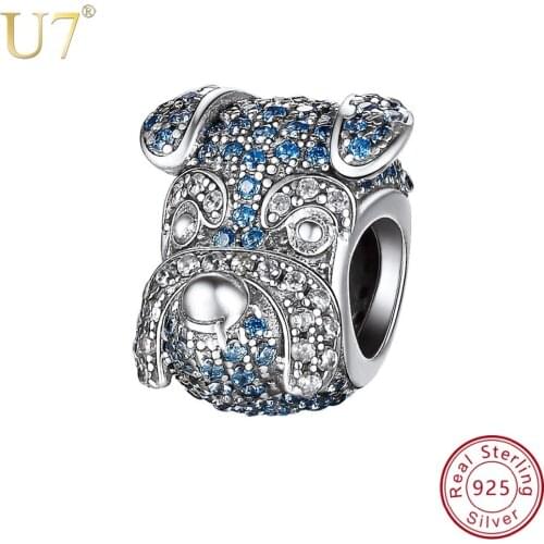 U7 925 Sterling Silver Beads Cubic Zirconia Puppy Charms for Animals Pets Lover fit Women Bracelets Dog DIY Jewelry Making SC235