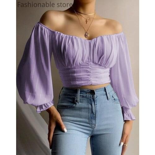 Off Shoulder Ruched Lantern Sleeve Crop Top Blouse