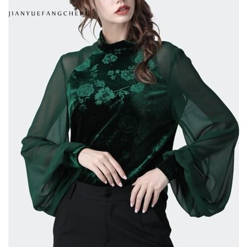 Vintage Embroidered Velour Blouse Women Autumn Winter New Lantern Sleeve Stand Collar Tops Plus Size Elegant Bottoming Shirts