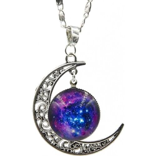 Universe Starry Sky Tribal Moon Glass Stone Sun Necklace Pendant with 24 inch Chain