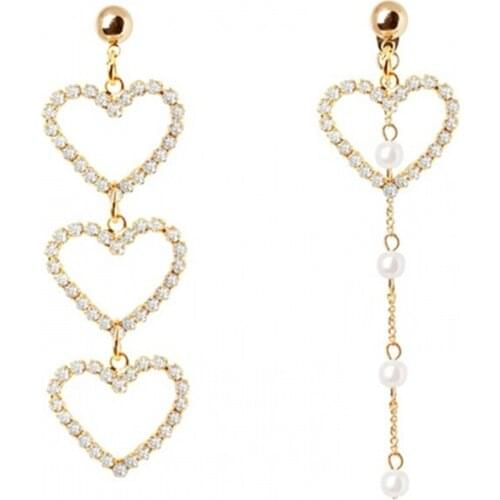 Womens Fashion Long Statement Earrings Asymmetry Simulated-pearl Beaded Heart Crystal Metal Chain Tassel Drop Earrings Jewelry