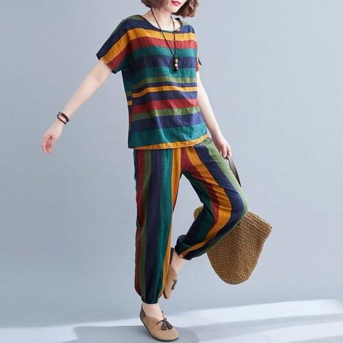 2 Piece Sets Womens Cotton and Linen Outfits Stripe Short Sleeve O-neck Tops+ Harem Pants 2021 Summer Casual Two Piece Set Y169