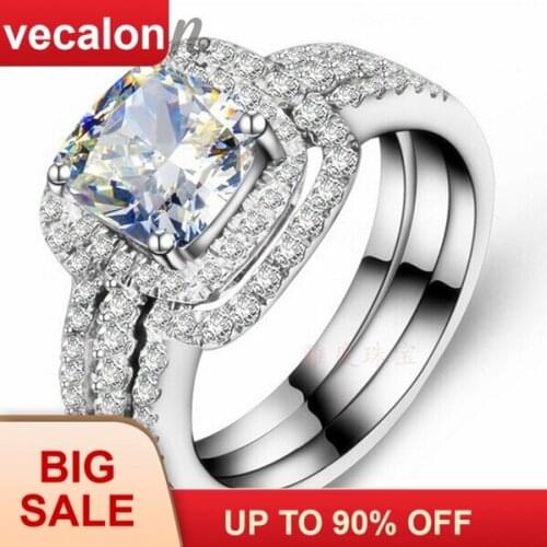 Vecalon Fashion ring cushion cut 3ct 5A Zircon cz 3-in-1 Wedding Band Ring Set for Women 10KT White Gold Filled Engagement ring