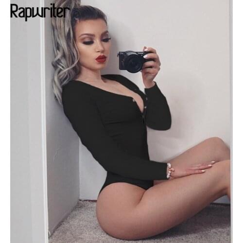 Rapwriter Fall Sexy Middle Button Vertical Stripes Knitted Skinny Bodysuits Women 2020 Winter Long Sleeve Bodycon Sheer Bodysuit