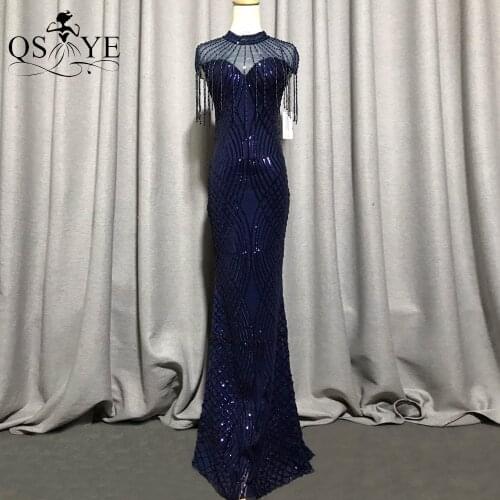 Navy Evening Dresses Mermaid Crystals Bead High Neck Prom Gown Fish Tail Elegant Formal Dress Illusion Shoulder Sequin Dress