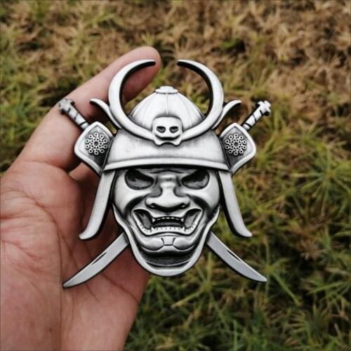 1 Pcs 3D Metal Japanese Samurai Hannya Car Emblem Car Stickers Skull Front Grille Badge Pranjna Gunmetal Hood Window Motorcycle