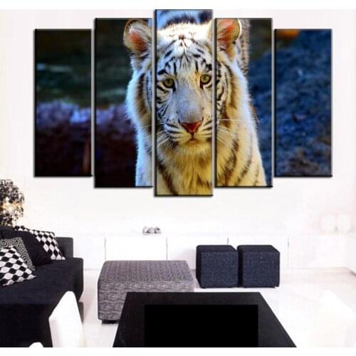 2016 Real Canvas Painting Free Shipping 5 Pieces Canvas Wall Art High Quality Tiger Painting On Bright Pictures For Living Room
