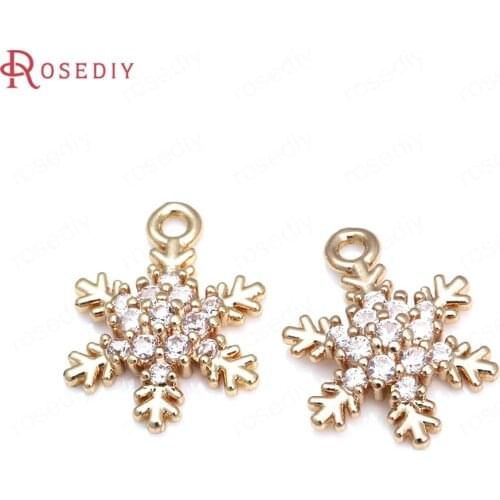 39876)10PCS 24K Champagne Gold Color Brass and Zircon Snowflake Charm Pendants Jewelry Making Supplies Diy Findings Accessories