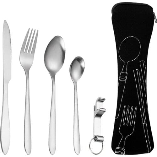 5Pc Stainless Steel Tableware Corkscrew Fork Spoon Family Travel Camping Cutlery