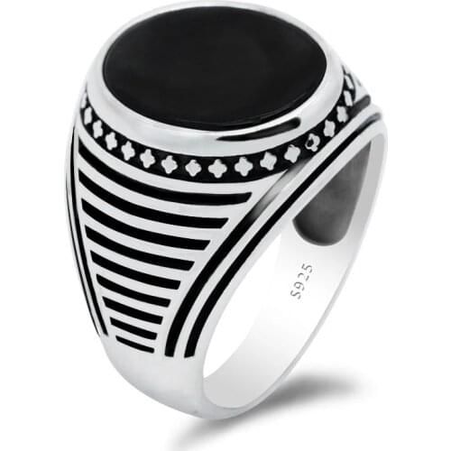 925 Sterling Silver Pure Black Onyx Stone Ring for Men Retro with Flat Gem Aqeeq Rings Male Women Turkish Jewelry Gift Popular
