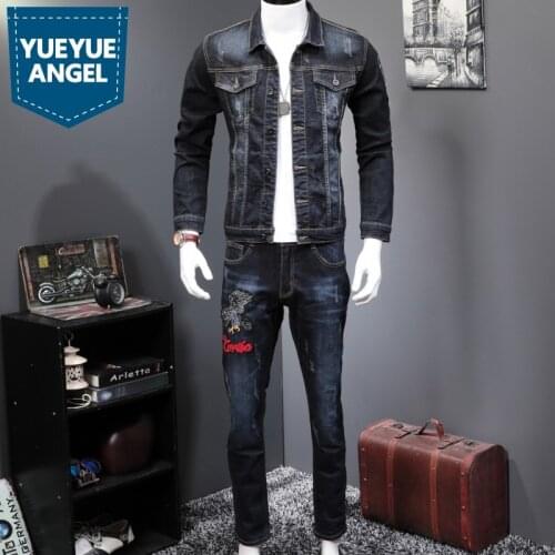 Spring New Fashion Mens 2 Piece Sets Vintage Embroidery Long Sleeve Slim Denim Jacket Coats And Jeans Pants Man Clothes