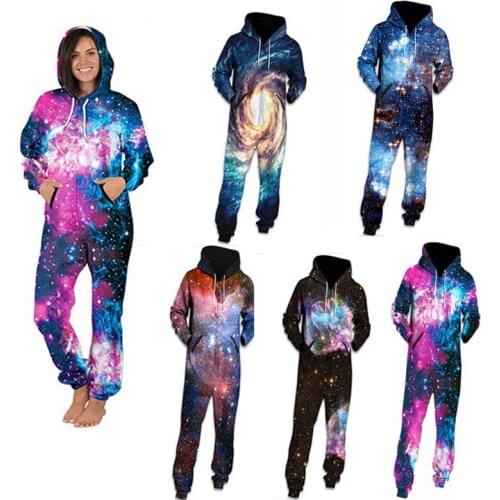 Women Pajamas Romper Adult 3D Hoodied Printing Onesie Jumpsuit Casual Star Zipper Playsuit Autumn Warm Overalls Sleepwear