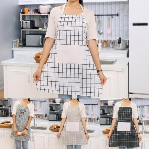 Cooking Apron More Thicken Heat-resistant Cotton Flax Grid Pattern Oilproof Apron for Home